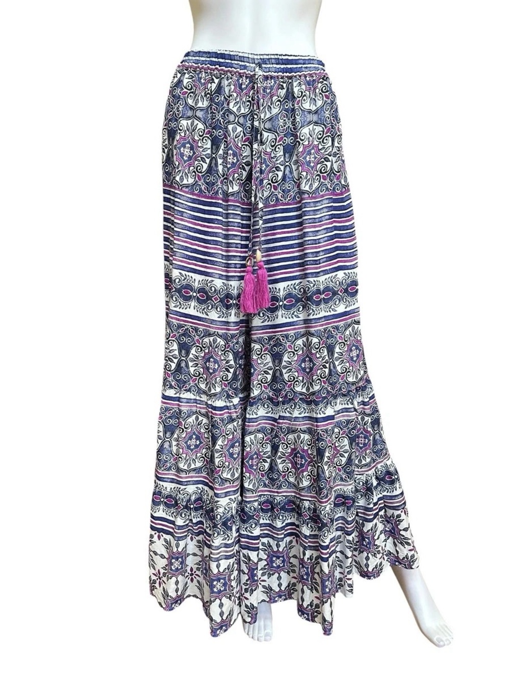 True Destination Bohemian Printed Maxi Skirt with Tassel Tie - Purple/White